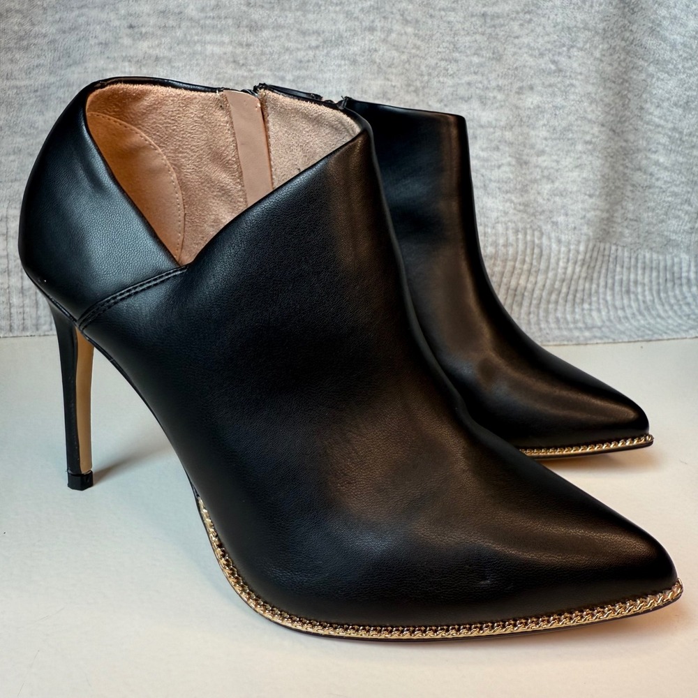 BCBG Women's 7.5 Black Hadix Pointed Toe Heel Ankle Booties Gold Chain Trim